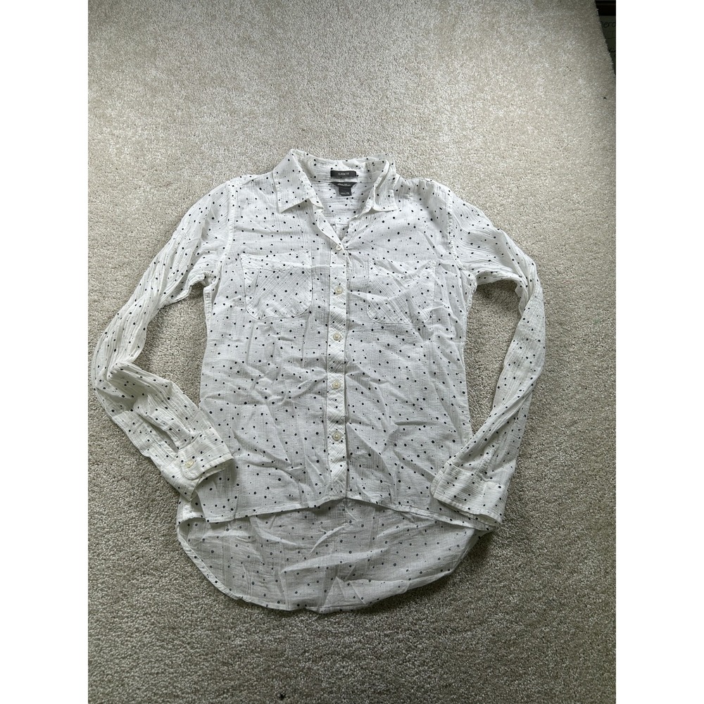 Eddie Bauer Shirt Womens XS White Black Dotted Classic Fit Button Up Long Sleeve